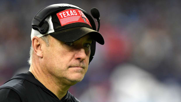 Texas Tech coach Joey McGuire looks at the field during the 2022 TaxAct Texas Bowl vs. Ole Miss.