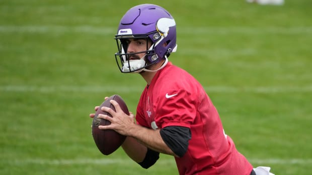 Cardinals quarterback David Blough (12) throws the ball during practice against the Vikings.