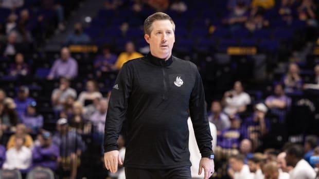 Nov 27, 2022; Baton Rouge, Louisiana, USA; Wofford Terriers head coach Jay McAuley looks on against the LSU Tigers during the first half at Pete Maravich Assembly Center.