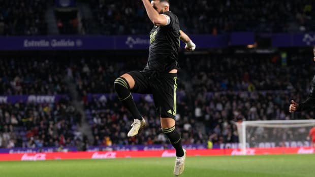 Karim Benzema pictured celebrating after scoring his second goal in Real Madrid's 2-0 win at Real Valladolid in December 2022