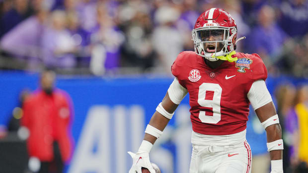 Alabama Crimson Tide defensive back Jordan Battle (9) celebrates his interception against the Kansas State Wildcats during the first half in the 2022 Sugar Bowl at Caesars Superdome.