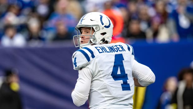 Jan 1, 2023; East Rutherford, New Jersey, USA; Indianapolis Colts quarterback Sam Ehlinger (4) looks to pass the ball \against the New York Giants during the second half at MetLife Stadium.