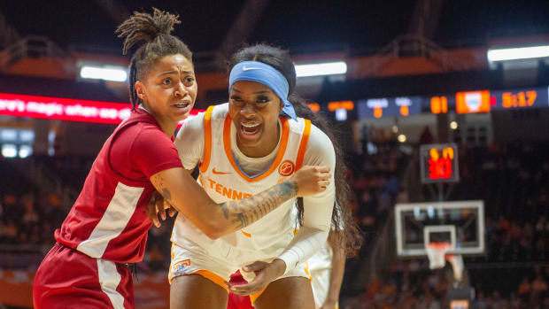 Tennessee forward Rickea Jackson (2) and Alabama guard Megan Abrams (1) get ready for the inbound pass during the NCAA women's basketball match between Tennessee and Alabama at Thompson-Boiling Arena, Knoxville, Tenn. on Sunday, Jan. 1, 2023.