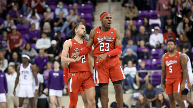 Dec 31, 2022; Fort Worth, Texas, USA; Texas Tech Red Raiders guard De'Vion Harmon (23) reacts during the second half against the TCU Horned Frogs at Ed and Rae Schollmaier Arena.