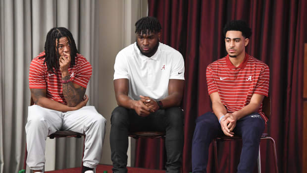 Jan 02, 2023; Tuscaloosa, AL, USA; Jahmyr Gibbs, Will Anderson Jr. and Bryce Young wait for their turns to speak during a press conference for University of Alabama juniors to announce their intentions to enter the NFL draft. Ncaa Football Ua Juniors Announce For Nfl