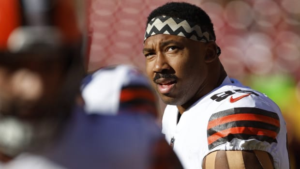 Jan 1, 2023; Landover, Maryland, USA; Cleveland Browns defensive end Myles Garrett (95) stands on the field during pregame warmup prior to the Browns' game against the Washington Commanders at FedExField. Mandatory Credit: Geoff Burke-USA TODAY Sports