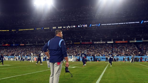 Tennessee Titans head coach Mike Vrabel waits for a referee to question a pass interference call during the second half against the Dallas Cowboys at Nissan Stadium.