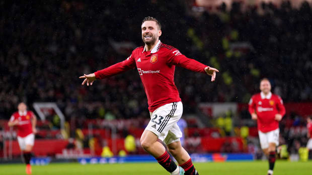 Luke Shaw pictured after scoring in Manchester United's 3-0 win over Bournemouth in January 2023