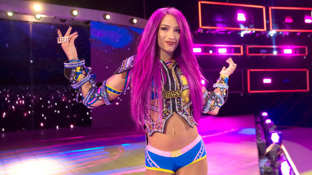 Sasha Banks makes her entrance at a WWE event