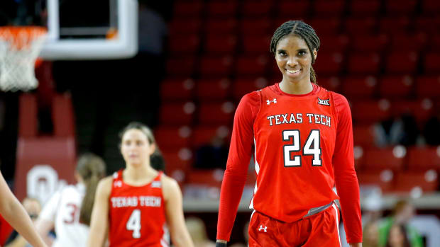 Taylah Thomas (24) reacts after a play in the second half during the women's college basketball game between the Oklahoma Sooners and the Texas Tech Lady Raiders at the Lloyd Noble Center in Norman, Okla., Wednesday, Feb., 16, 2022. Ou Texas Tech Wbb