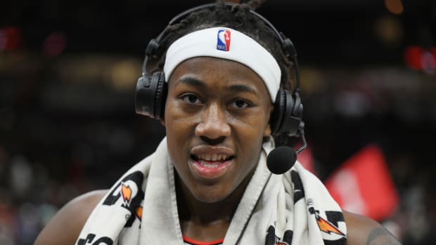 Chicago Bulls guard Ayo Dosunmu during a post game interview after defeating the Brooklyn Nets