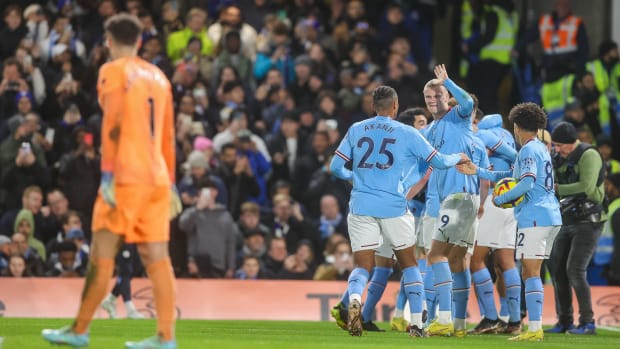 Manchester City celebrates a goal vs. Chelsea.