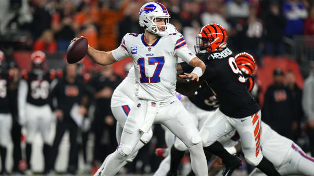 Buffalo Bills quarterback Josh Allen (17) throws in the first quarter of a Week 17 NFL game against the Cincinnati Bengals, Monday, Jan. 2, 2023, at Paycor Stadium in Cincinnati.