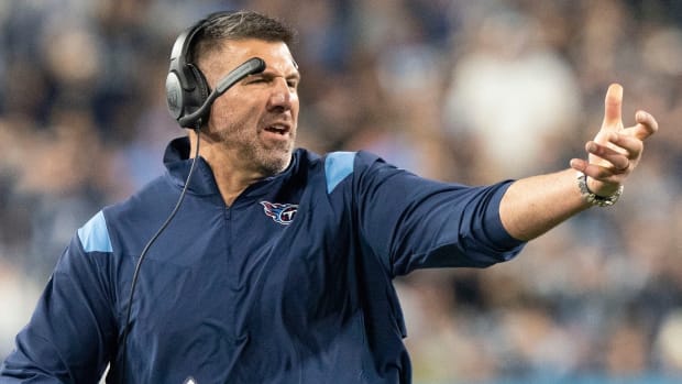 Tennessee Titans head coach Mike Vrabel races down the field to argue a referees call during the fourth quarter of the game against the Dallas Cowboys at Nissan Stadium Thursday, Dec. 29, 2022, in Nashville, Tenn.
