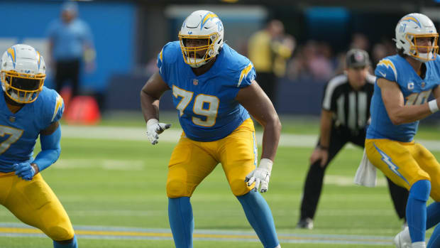 Sep 11, 2022; Inglewood, California, USA; Los Angeles Chargers offensive tackle Trey Pipkins III (79) against the Las Vegas Raiders in the second half at SoFi Stadium. Mandatory Credit: Kirby Lee-USA TODAY Sports