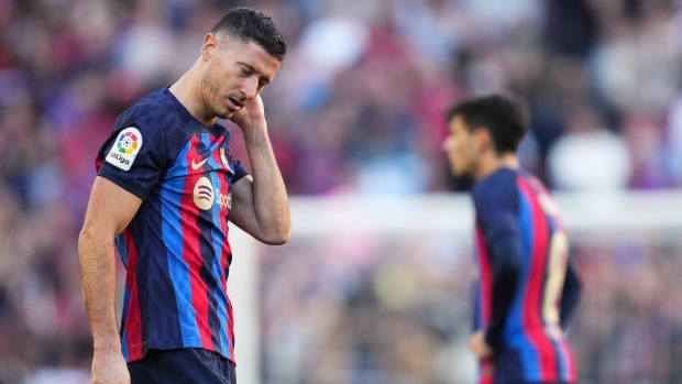 FC Barcelona’s Robert Lewandowski reacts during a game vs. Espanyol.