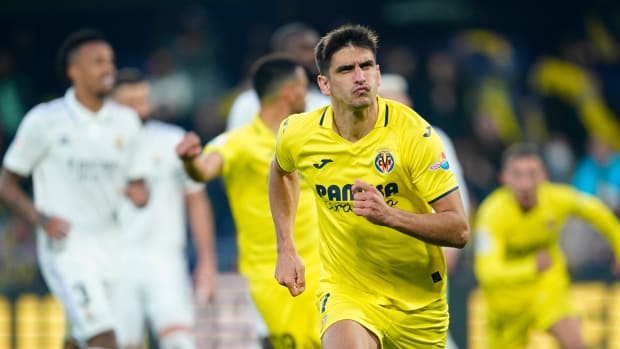 Gerard Moreno pictured celebrating after scoring for Villarreal in a 2-1 win over Real Madrid in January 2023