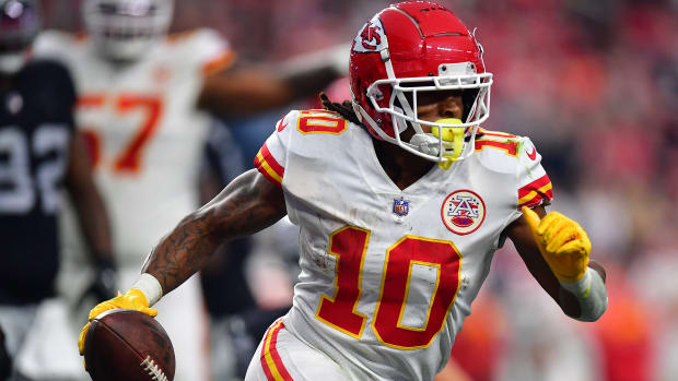 Jan 7, 2023; Paradise, Nevada, USA; Kansas City Chiefs running back Isiah Pacheco (10) scores a touchdown against the Las Vegas Raiders during the second half at Allegiant Stadium. Mandatory Credit: Gary A. Vasquez-USA TODAY Sports