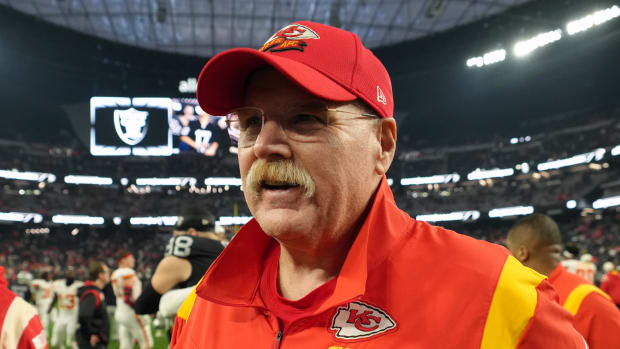 Jan 7, 2023; Paradise, Nevada, USA; Kansas City Chiefs head coach Andy Reid reacts after the game against the Las Vegas Raiders at Allegiant Stadium. Mandatory Credit: Kirby Lee-USA TODAY Sports
