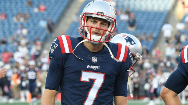 Patriots punter Jake Bailey looks on before a game.