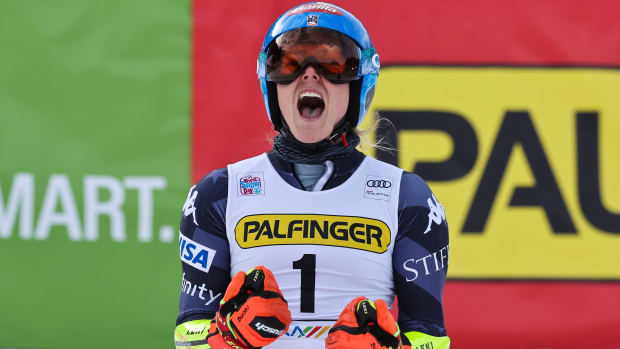 American skier Mikaela Shiffrin yells at the end of her record-matching giant slalom run in Kranjska Gora, Slovenia.