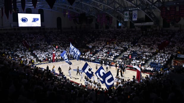 A pregame view of the 2023 Penn State vs. Purdue college basketball game at the Palestra in Philadelphia.