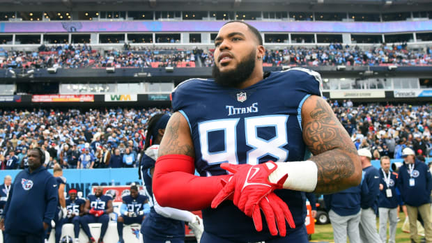 Tennessee Titans defensive tackle Jeffery Simmons (98) before the game against the Jacksonville Jaguars at Nissan Stadium.