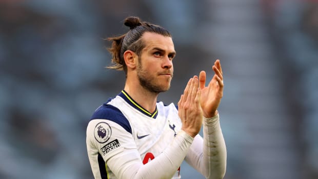 Gareth Bale pictured applauding Tottenham fans after a game in May 2021
