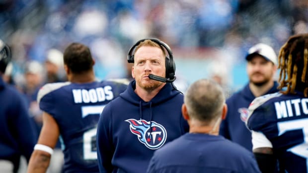 Tennessee Titans offensive coordinator Todd Downing watches as they trail the Jacksonville Jaguars during the fourth quarter at Nissan Stadium Sunday, Dec. 11, 2022, in Nashville, Tenn.