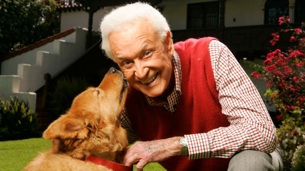 Bob Barker outside in the backyard of his Los Angeles historic home with his dog Jesse on April, 9, 2007.