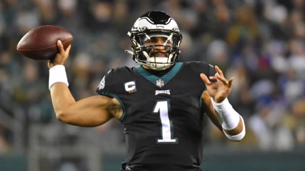 Eagles quarterback Jalen Hurts returned against the Giants in Week 18 after being out two games with a sprained right shoulder.
