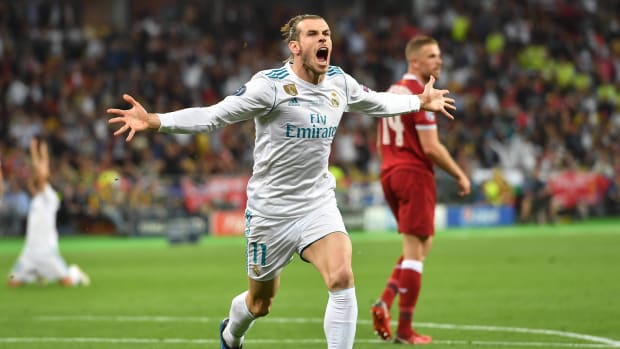 Former Real Madrid winger Gareth Bale celebrates scoring vs. Liverpool in the Champions League final.