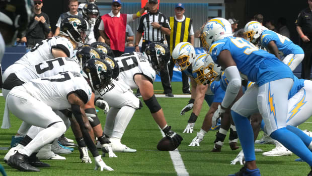 Sep 25, 2022; Inglewood, California, USA; A general overall view of the line of scrimmage as Jacksonville Jaguars center Luke Fortner (79) snaps the ball against the Los Angeles Chargers in the first half at SoFi Stadium.