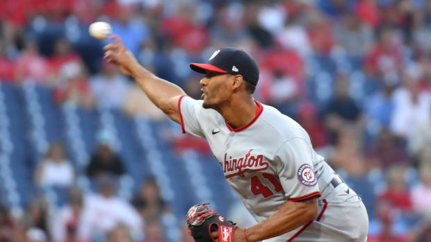 Jul 26, 2021; Philadelphia, Pennsylvania, USA; Washington Nationals striating pitcher Joe Ross (41) throws a pitch during the second inning against the Philadelphia Phillies at Citizens Bank Park. Mandatory Credit: Eric Hartline-USA TODAY Sports