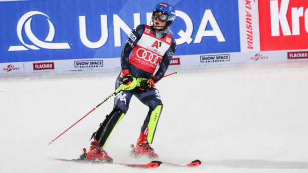 American skier Mikaela Shiffrin looks up after a slalom run in Flachau, Austria.