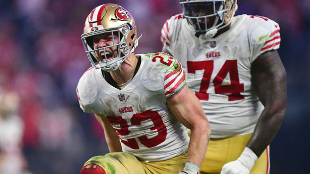January 1, 2023; Paradise, Nevada, USA; San Francisco 49ers running back Christian McCaffrey (23) reacts after getting first down against the Las Vegas Raiders during the second half at Allegiant Stadium.
