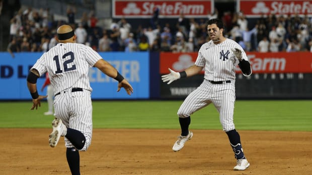 New York Yankees OF Ryan LaMarre celebrates walk-off hit