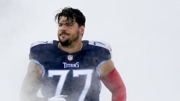 Tennessee Titans offensive tackle Taylor Lewan (77) takes the field to face the Tampa Bay Buccaneers in a preseason game at Nissan Stadium.