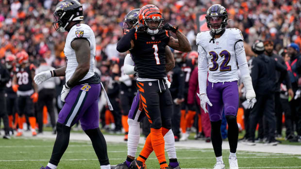 Cincinnati Bengals wide receiver Ja’Marr Chase (1) celebrates a first down reception in the first quarter of the NFL Week 18 game between the Cincinnati Bengals and the Baltimore Ravens at Paycor Stadium in downtown Cincinnati on Sunday, Jan. 8, 2023.