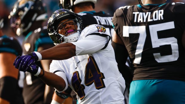 Baltimore Ravens cornerback Marlon Humphrey (44) reacts against the Jacksonville Jaguars during the fourth quarter at TIAA Bank Field.
