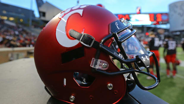 Nov 5, 2016; Cincinnati, OH, USA; A view of the official helmet worn by the Cincinnati Bearcats showcasing military appreciation at Nippert Stadium. Brigham Young won 20-3. Mandatory Credit: Aaron Doster-USA TODAY Sports