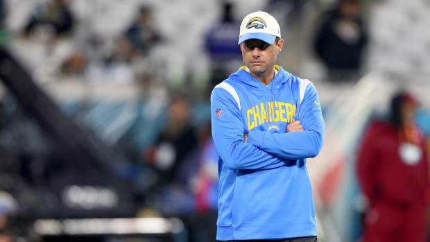 Jan 14, 2023; Jacksonville, Florida, USA; Los Angeles Chargers head coach Brandon Staley before a wild card game against the Jacksonville Jaguars at TIAA Bank Field. Mandatory Credit: Mark J. Rebilas-USA TODAY Sports