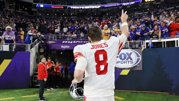 Jan 15, 2023; Minneapolis, Minnesota, USA; New York Giants quarterback Daniel Jones (8) reacts after winning a wild card game against the Minnesota Vikings at U.S. Bank Stadium.