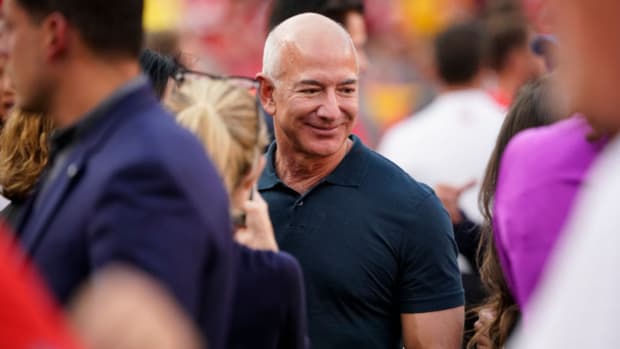 Amazon executive chairman Jeff Bezos in attendance before the Chiefs play against the Chargers at GEHA Field at Arrowhead Stadium.