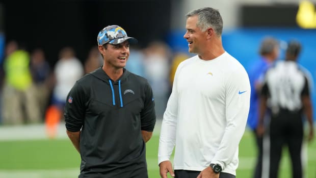Aug 13, 2022; Inglewood, California, USA; Los Angeles Chargers head coach Brandon Staley and offensive coordinator Joe Lombardi react during the game Los Angeles Rams at SoFi Stadium. Mandatory Credit: Kirby Lee-USA TODAY Sports