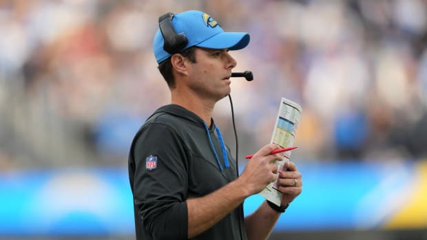 Jan 1, 2023; Inglewood, California, USA; Los Angeles Chargers head coach Brandon Staley watches from the sidelines in the first half against the Los Angeles Rams at SoFi Stadium. Mandatory Credit: Kirby Lee-USA TODAY Sports