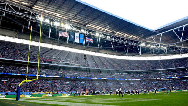 General overall view of an NFL International Series game between the Tennessee Titans and the Los Angeles Chargers at Wembley Stadium.