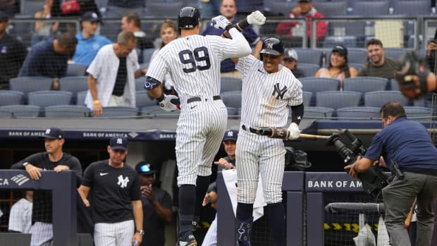New York Yankees 1B Ronald Guzman celebrates with Aaron Judge