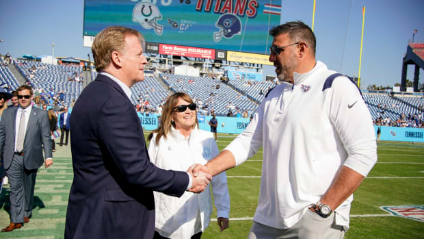 NFL Commissioner Roger Goodell shakes hands with Tennessee Titans head coach Mike Vrabel as they meet with Titans owner Amy Adams Strunk before the game against the Indianapolis Colts at Nissan Stadium Sunday, Oct. 23, 2022, in Nashville, Tenn.