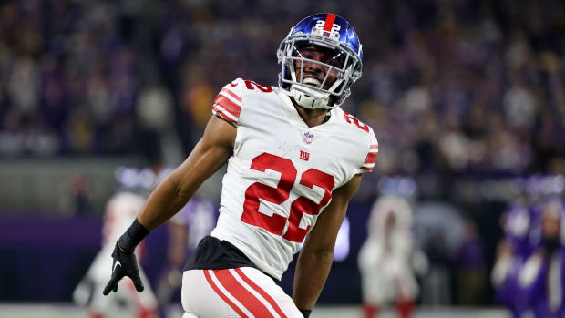 Jan 15, 2023; Minneapolis, Minnesota, USA; New York Giants cornerback Adoree' Jackson (22) reacts after a play against the Minnesota Vikings during the fourth quarter during a wild card game at U.S. Bank Stadium.